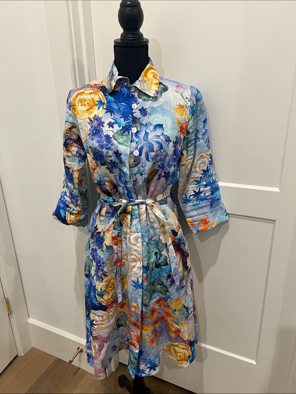 Linen Floral Button-Front Shirt Dress with Tie Belt - Blue Multi